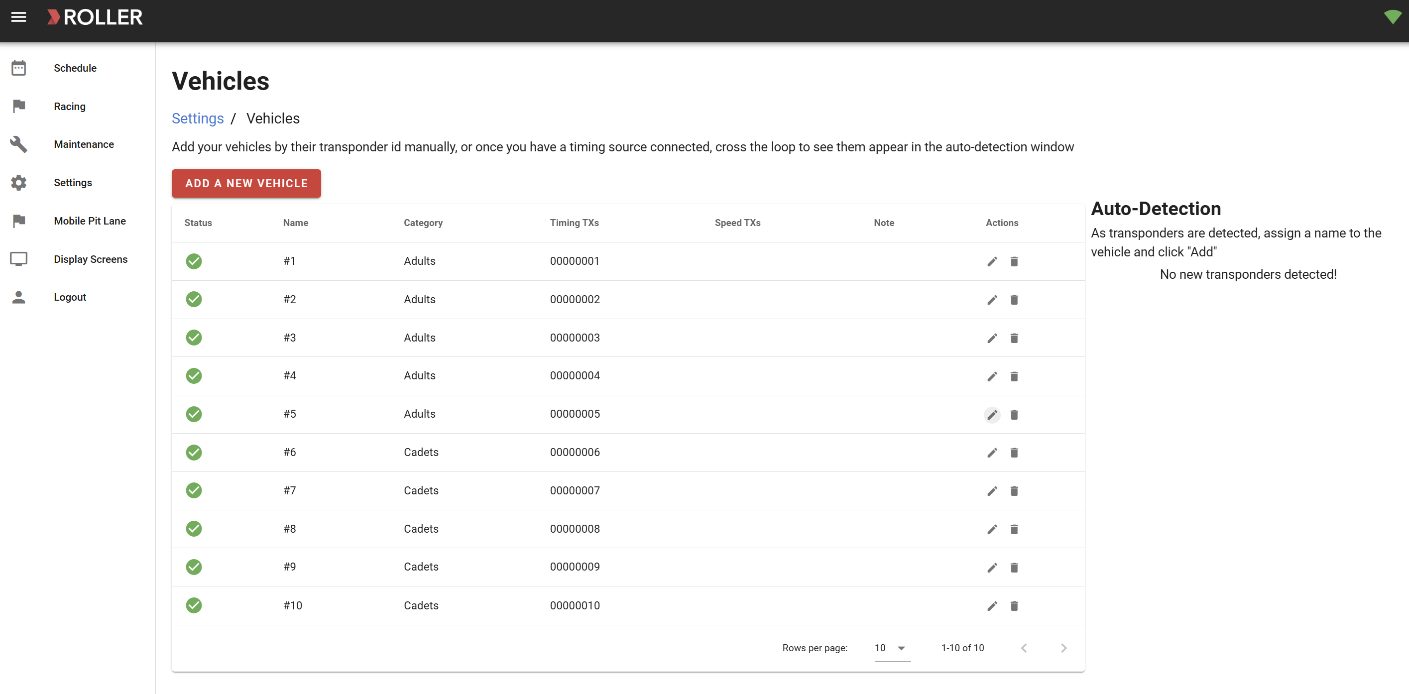 Vehicle management interface displaying transponder IDs and categories for adults and cadets.